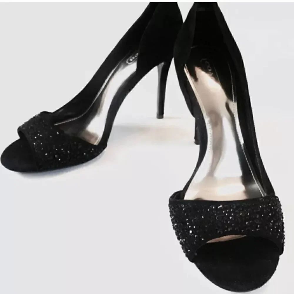 Coach Women’s Black Suede Heels Stilettos Peep Toe Black Rhinestones Sparkle 10
